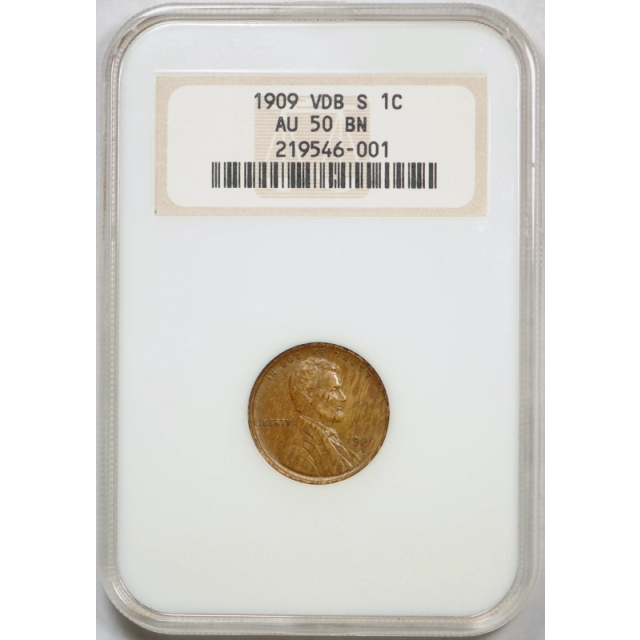  1909 S VDB 1C Lincoln Wheat Cent NGC AU 50 About Uncirculated Old Fatty Holder !