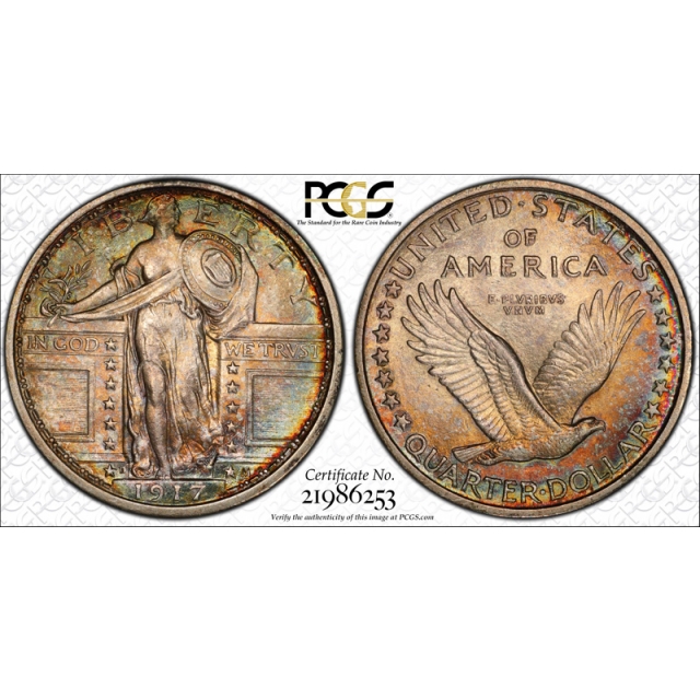 1917 D 25C Type 1 Standing Liberty Quarter PCGS MS 64 FH Full Head CAC Approved Toned