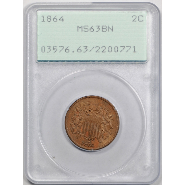 1864 2C Large Motto Two Cent Piece PCGS MS 63 BN Uncirculated Rattler Holder