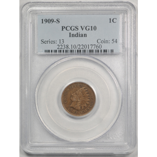 1909 S 1C Indian Head Cent PCGS VG 10 Very Good to Fine Key Date Original Coin