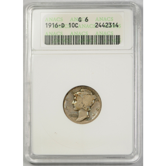 1916 D 10C Mercury Dime ANACS G 6 Good to Very Good Key Date Denver Mint