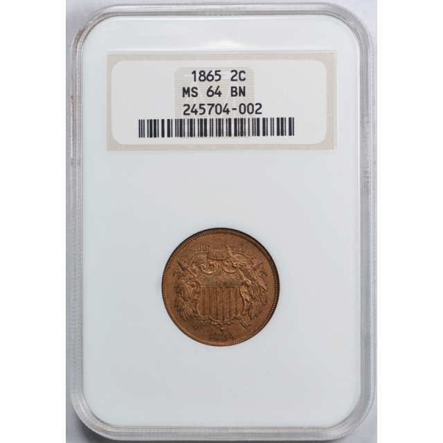 1865 2c Two Cent Piece NGC MS 64 BN Uncirculated Brown Old Fatty Holder Exceptional !