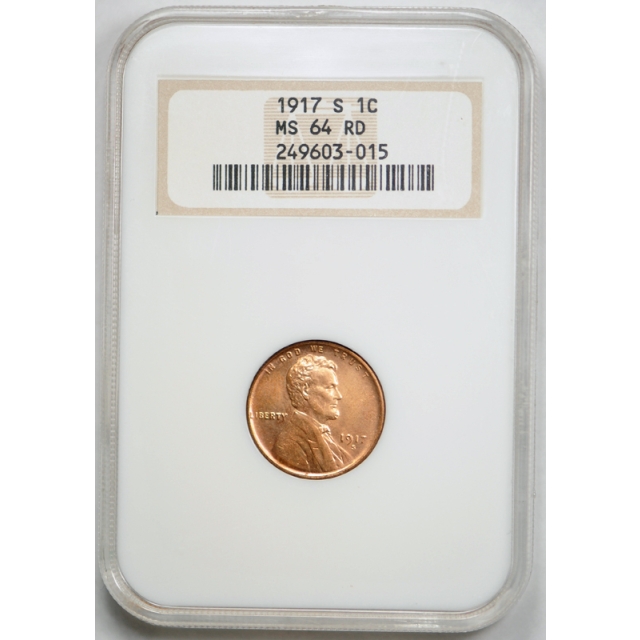 1917 S 1c Lincoln Wheat Cent NGC MS 64 RD Uncirculated Fully Red ! Old Holder 