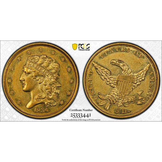 1834 $5 Classic Head Half Eagle PCGS AU 58 About Uncirculated CAC Approved