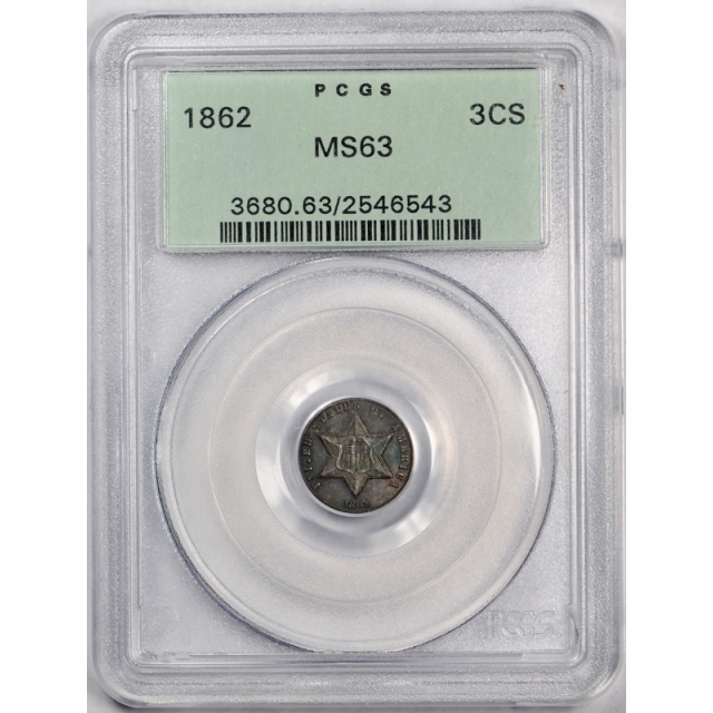 1862 3CS Three Cent Silver PCGS MS 63 Uncirculated OGH Old Holder Toned