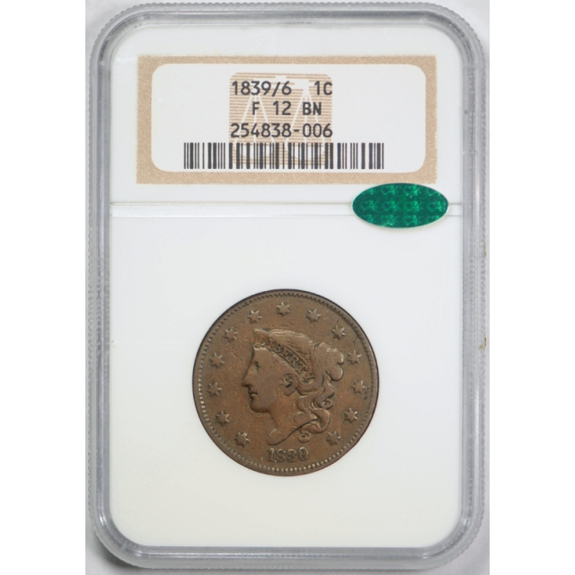1839/6 1C Coronet Head Large Cent NGC F 12 BN Fine CAC Approved Original !