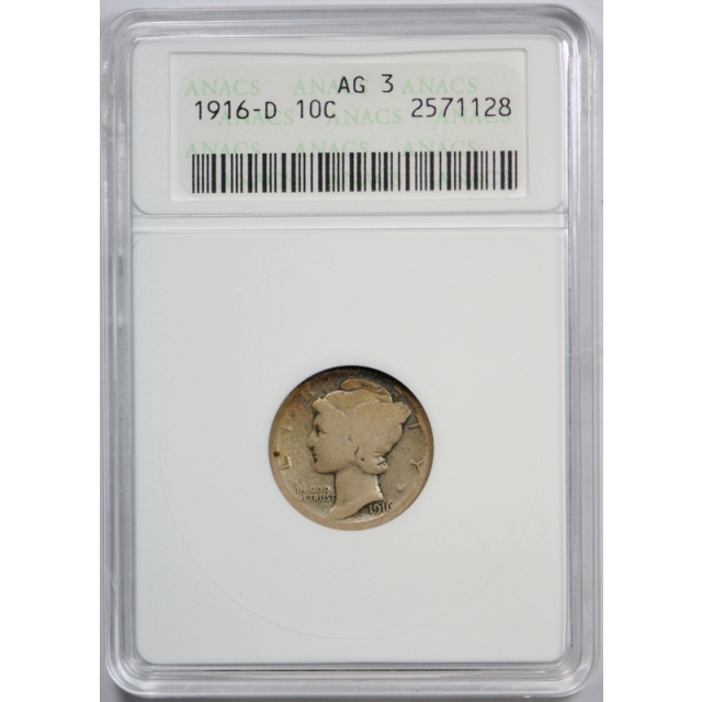 1916 D 10C Mercury Dime ANACS AG 3 About Good Denver Mint Key Date Cert#1128