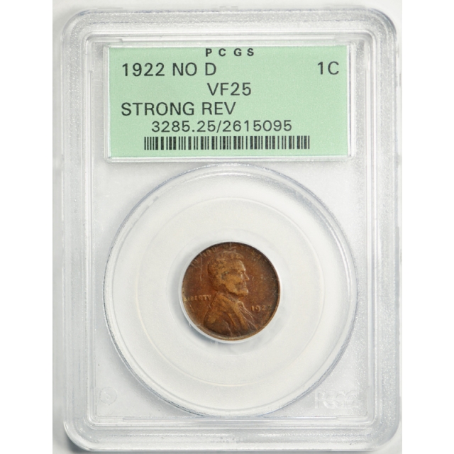 1922 No D 1C Strong Reverse Lincoln Wheat Cent PCGS VF 25 Very Fine OGH Looks XF !