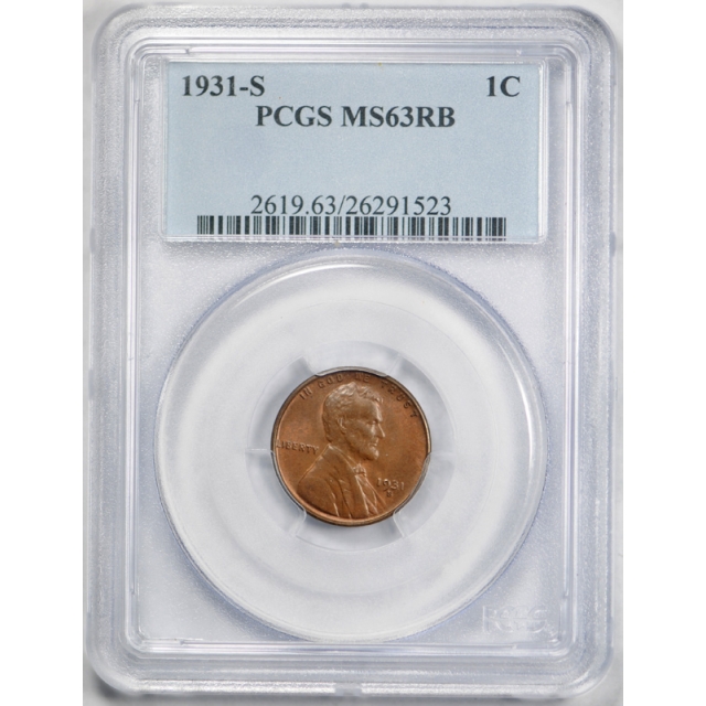 1931 S 1C Lincoln Wheat Cent PCGS MS 63 RB Uncirculated Key Date Original 