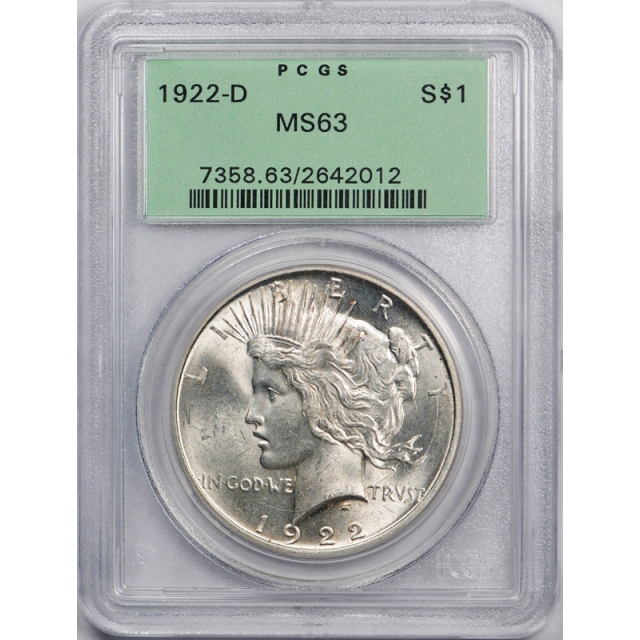 1922 D $1 Peace Dollar PCGS MS 63 Uncirculated Blast White OGH Old Holder