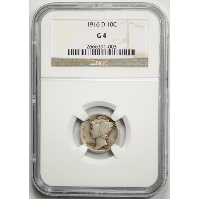 1916 D 10c Mercury Dime NGC G 4 Good Denver Mint Key Date Looks Nicer ! Original 