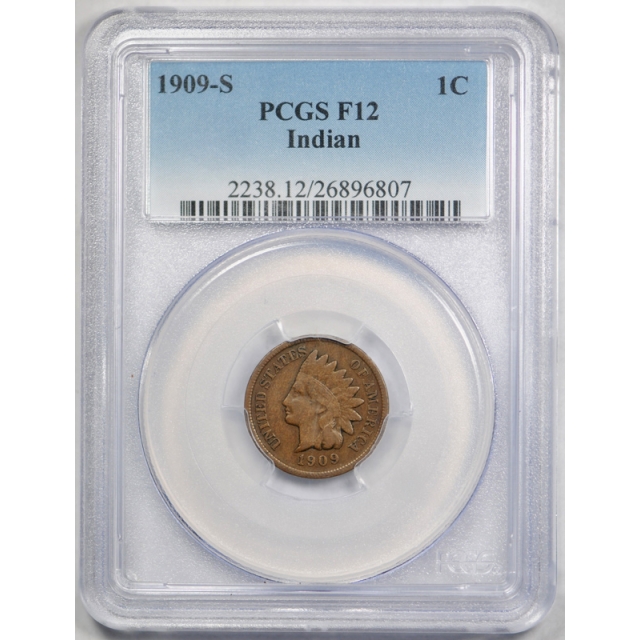 1909 S 1C Indian Head Cent PCGS F 12 Fine San Francisco Mint Key Date Original 