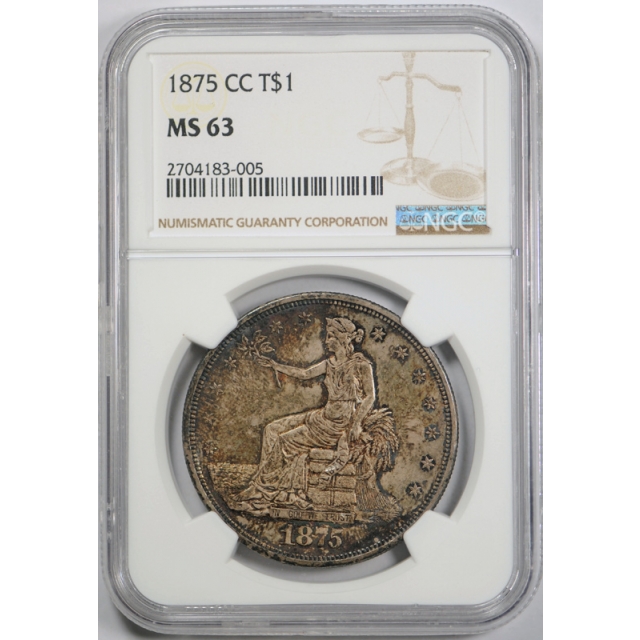 1875 CC T$1 Trade Dollar NGC MS 63 Uncirculated Carson City Mint Original Toned