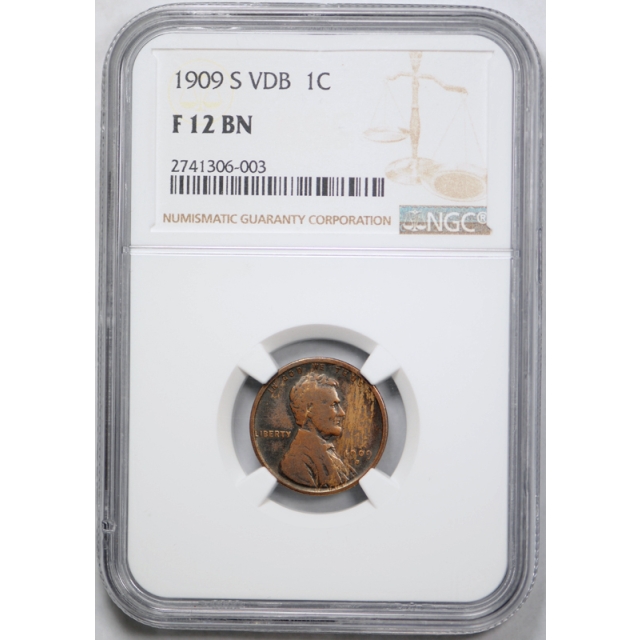 1909 S VDB 1c Lincoln Wheat Cent NGC F 12 Fine San Francisco Mint Key Date Coin ! 