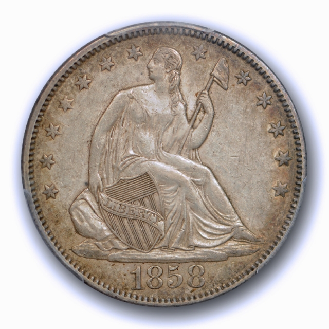 1858 50C Seated Liberty Half Dollar PCGS AU 53 About Uncirculated Original Toned