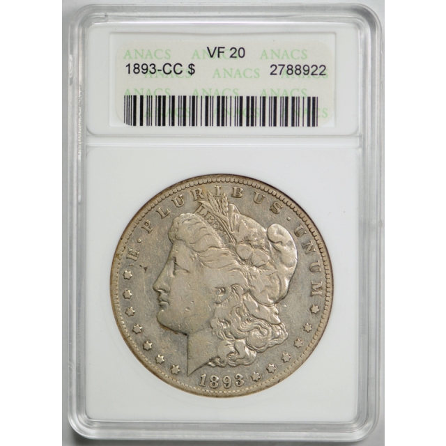 1893 CC $1 Morgan Dollar ANACS VF 20 Very Fine Carson City Mint Better Date