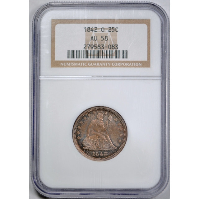 1842 O 25c Seated Liberty Quarter NGC AU 58 About Uncirculated Better Date Toned