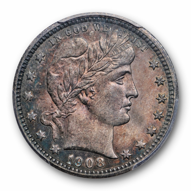 1908 O Barber Quarter PCGS MS 63 Uncirculated New Orleans Dark Purple Toned