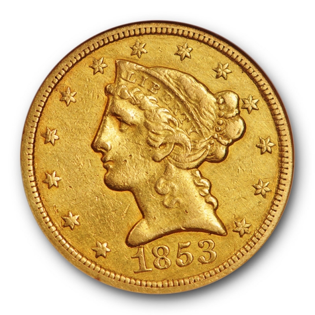 1853 C $5 Liberty Head Half Eagle Gold ANACS AU 55 About Uncirculated Details