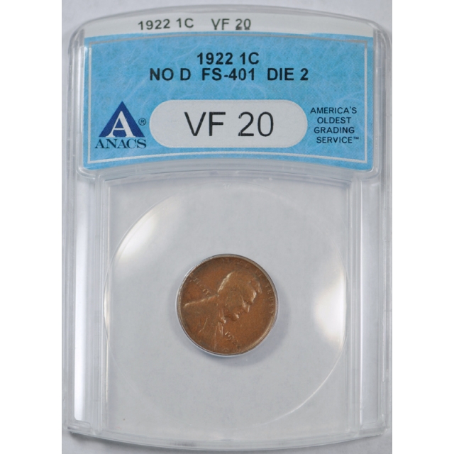 1922 No D 1C Strong Reverse Lincoln Wheat Cent ANACS VF 20 Very Fine Tough Variety 
