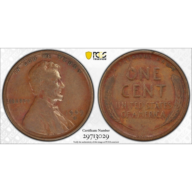 1909 S VDB 1C Lincoln Cent - Type 1 Wheat Reverse PCGS VF 20 Very Fine SVDB Coin