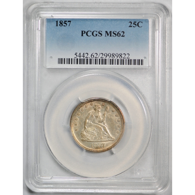 1857 25C Seated Liberty Quarter PCGS MS 62 Uncirculated Attractive Toned !