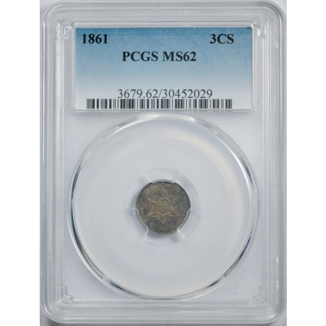 1861 3CS Three Cent Silver Piece PCGS MS 62 Uncirculated Civil War Era Date ! 