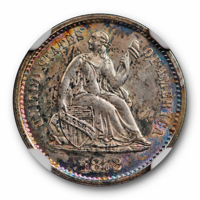 1872 S Seated Liberty Half Dime NGC MS 62 Uncirculated Colorful Toned MM Below