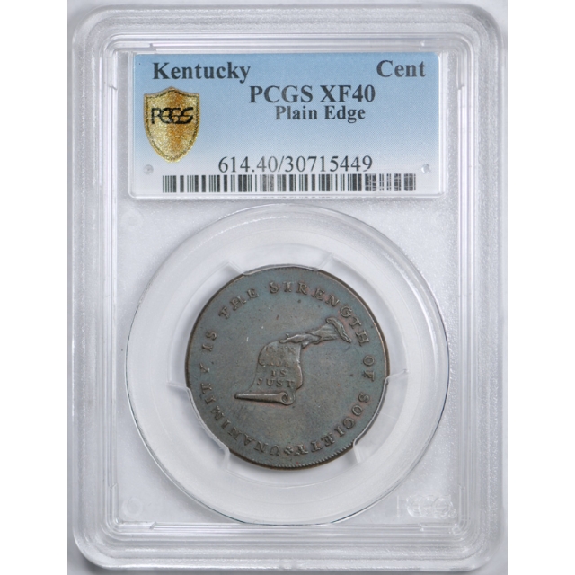 Kentucky Cent Plain Edge Colonial Token PCGS XF 40 Extra Fine Blue Toned !