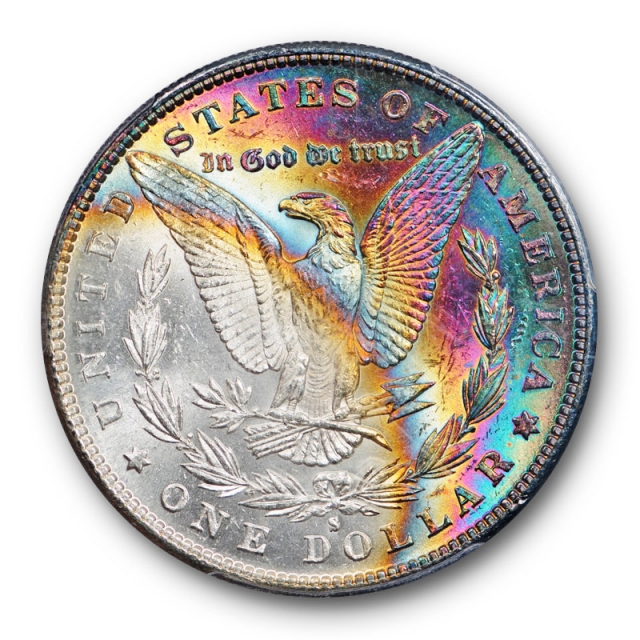 1881 S $1 Morgan Dollar PCGS MS 62 CAC Rainbow Toned Moon Shaped Reverse