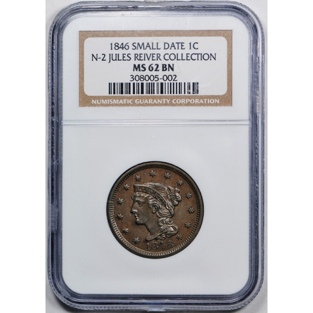1846 Braided Hair Large Cent Small Date N-2 1C NGC MS 62 BN Uncirculated Cert5002