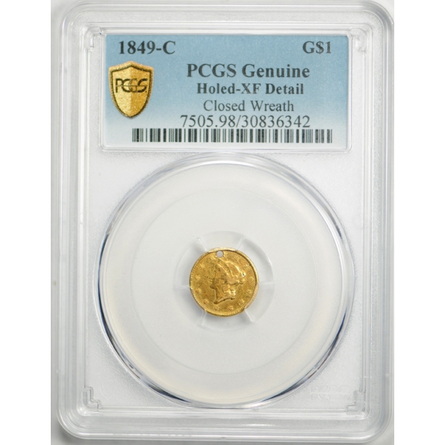 1849 C G$1 Closed Wreath Gold Dollar PCGS XF Extra Fine Details Holed Charlotte 