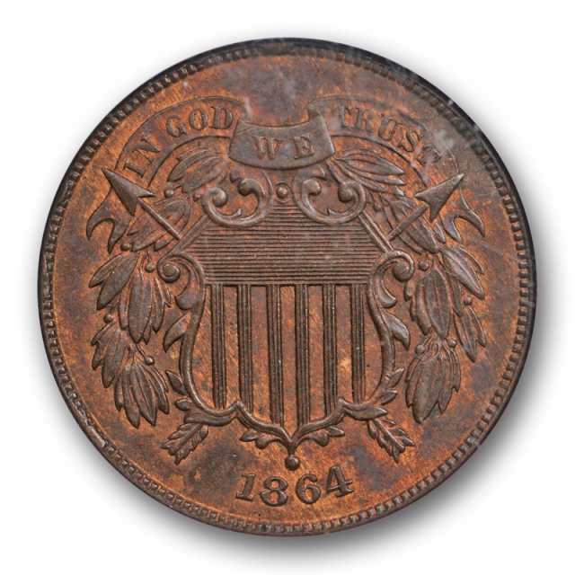 1864 2C Two Cent Large Motto NGC MS 64 RB Uncirculated Red Brown US Type Coin Cert#0002
