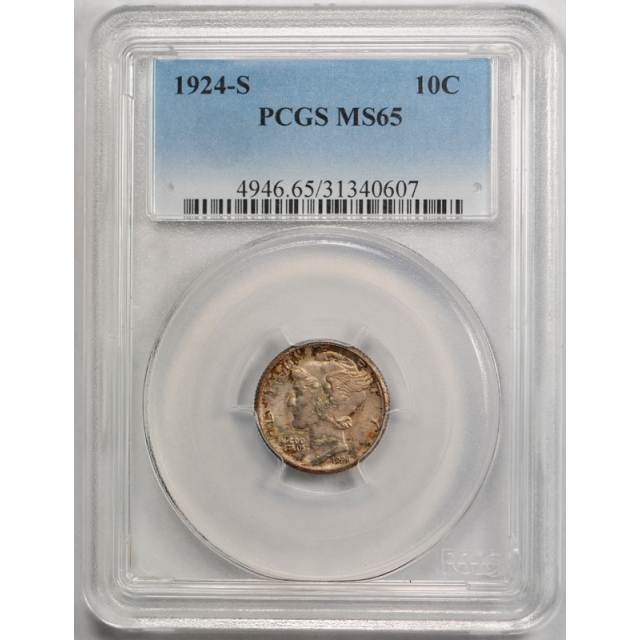 1924 S 10C Mercury Dime PCGS MS 65 Uncirculated San Francisco Mint Original Toned