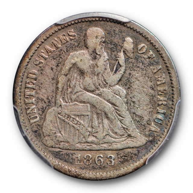 1863 10C Seated Liberty Dime PCGS F 15 Fine to Very Fine Key Date Rare 