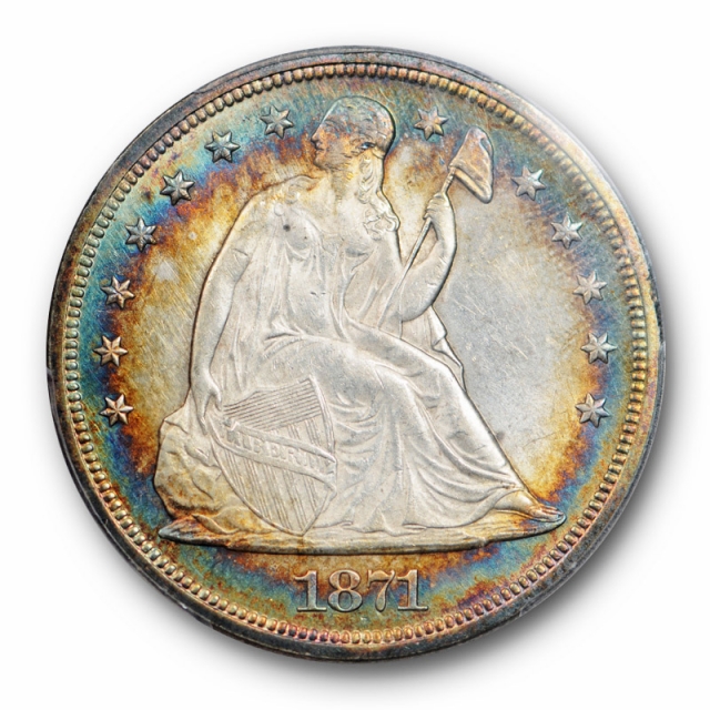1871 $1 Seated Liberty Dollar PCGS MS 63 Uncirculated Rainbow Toned Rims