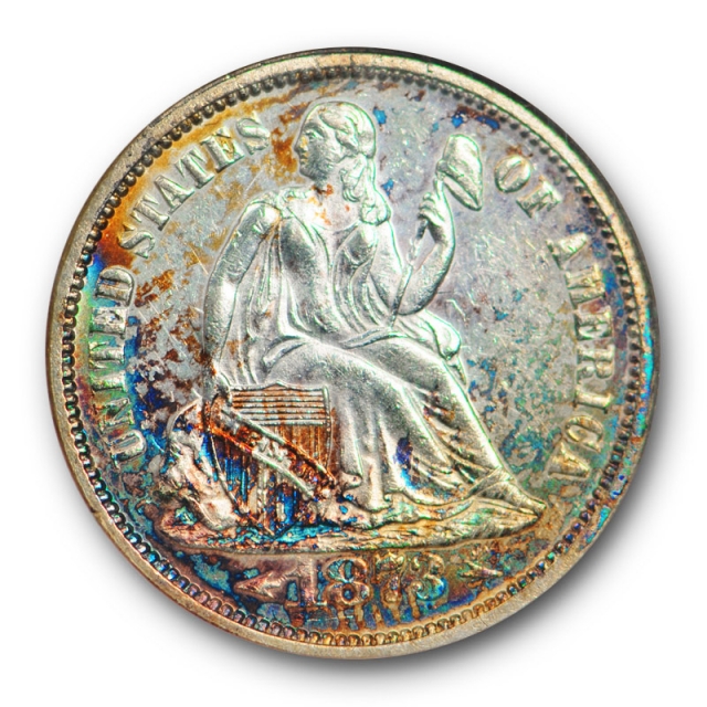 1873 With Arrows 10c Seated Liberty Dime NGC MS 60 Uncirculated Colorful Toned