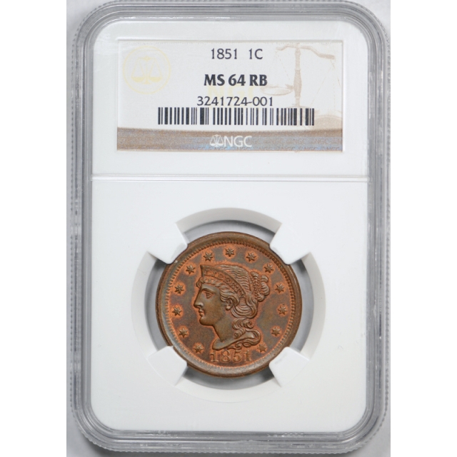 1851 1c Braided Hair Large Cent NGC MS 64 RB Uncirculated Red Brown US Type Coin