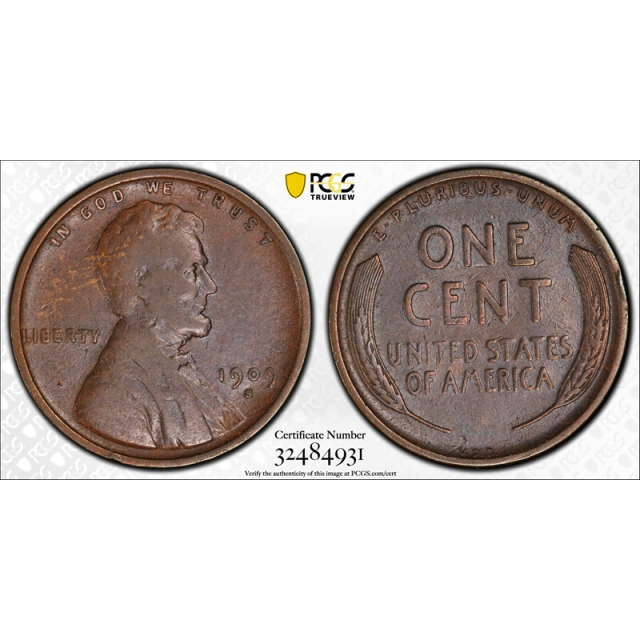 1909-S VDB 1C Lincoln Cent - Type 1 Wheat Reverse PCGS VF 20 Very Fine SVDB Coin