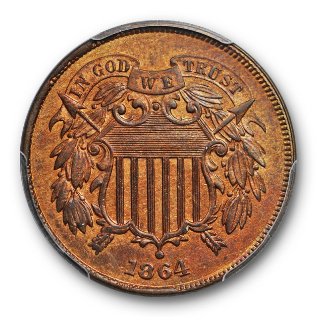 1864 2C Two Cent Piece PCGS MS 62 RB Uncirculated Red Brown Large Motto 
