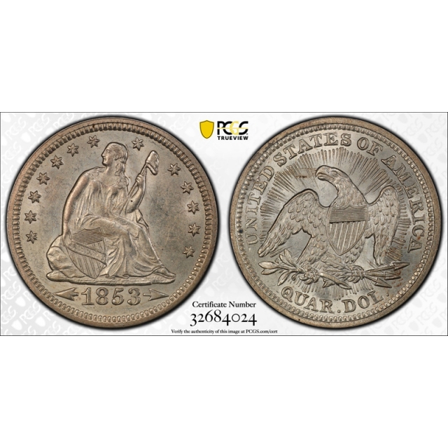 1853 25C Arrows and Rays Seated Liberty Quarter PCGS MS 62 Uncirculated Nice ! 