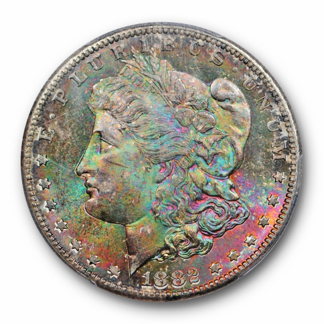 1882 S $1 Morgan Dollar PCGS MS 64 Uncirculated Dark Green / Maroon Toned Cert#6888