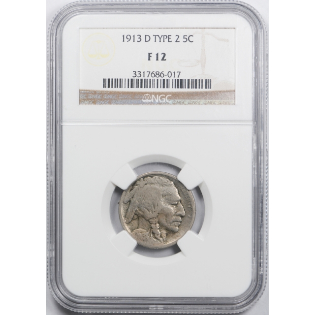 1913 D 5c Type Two Buffalo Head Nickel NGC F 12 Fine TY 2 Key Date Denver Cert#6017