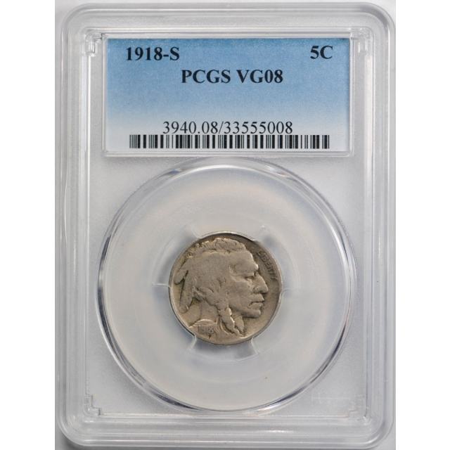 1918 S 5C Buffalo Nickel PCGS VG 8 Very Good Two Feathers 2 Feather Variety Coin ! 