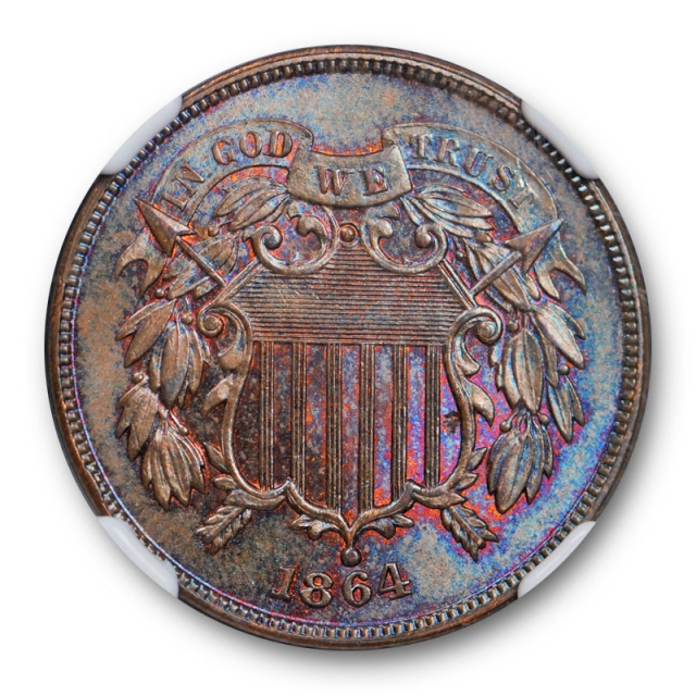 1864 2c Two Cent Piece NGC MS 65 BN Uncirculated Brown Purple Blue Toned