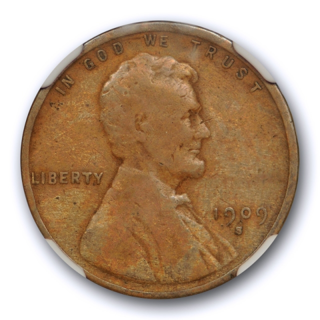 1909 S VDB 1c Lincoln Wheat Cent NGC F 12 Fine San Francisco Mint Key Date Cert#4005