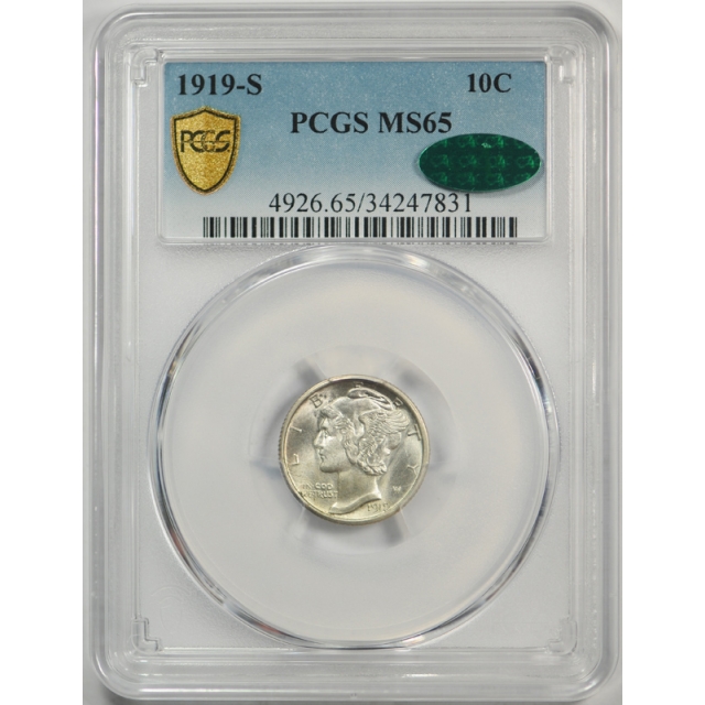 1919 S 10C Mercury Dime PCGS MS 65 Uncirculated CAC Approved Stunning Coin !