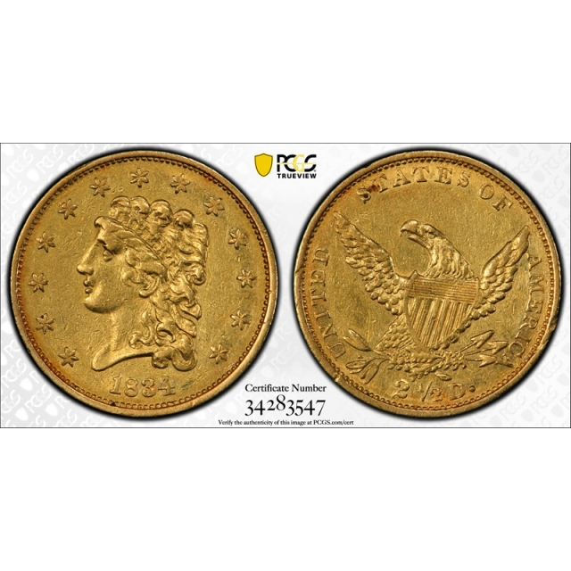  1834 $2.5 Classic Head Quarter Eagle PCGS AU 50 About Uncirculated CAC Approved