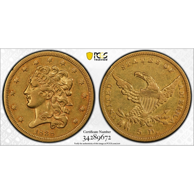 1838 $5 Classic Head Half Eagle PCGS XF 40 Extra Fine Gold US Type Coin Nice ! 