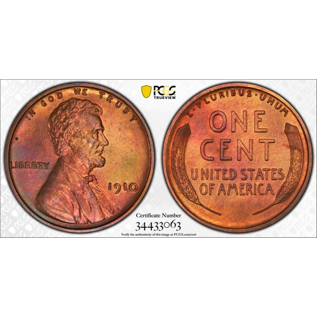 1910 1C Proof Lincoln Wheat Cent PCGS PR 63 RB Gorgeous Coin ! PF